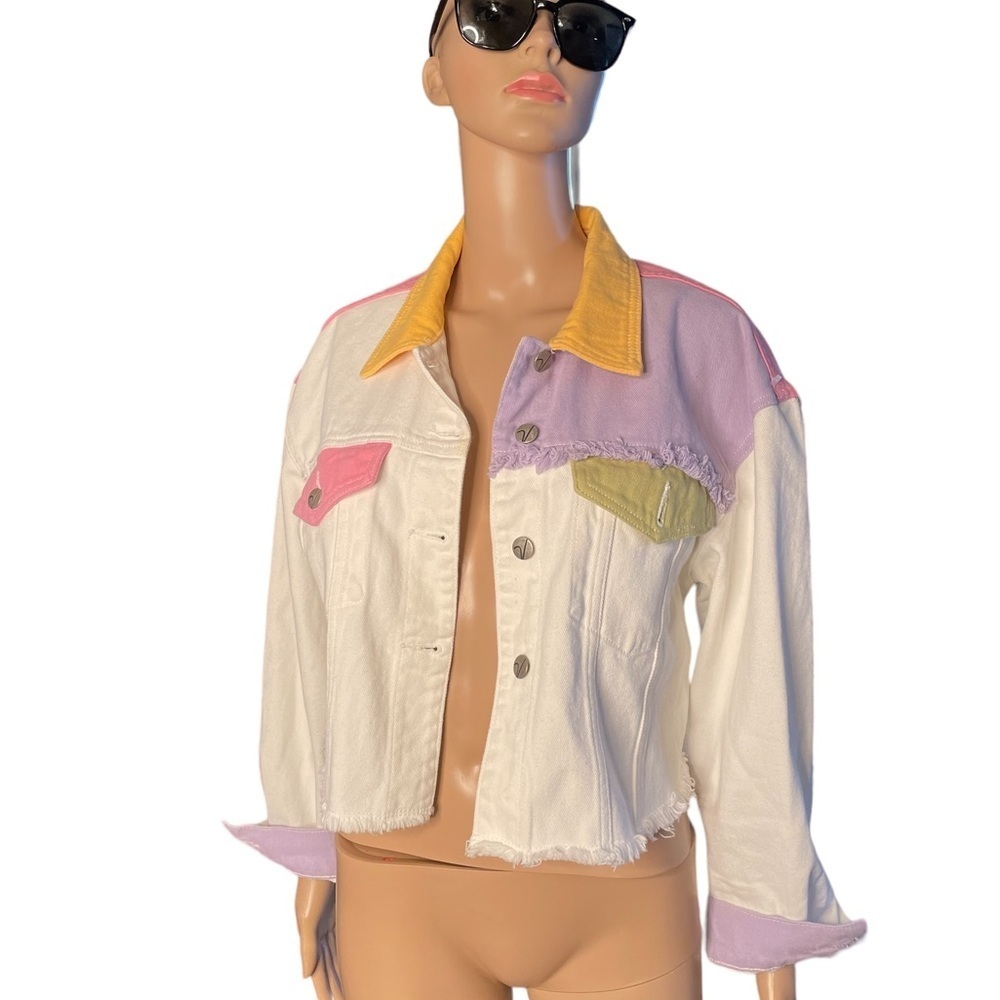 Vigoss Cropped Patchwork Denim Raw Edge Jean Jack… - image 1